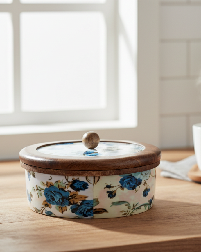 Handcrafted Round Wooden Storage Box with Floral Print Lid – Multipurpose Box for Kitchen, Snacks, Dry Fruits & Biscuits | Blue Petal Collection