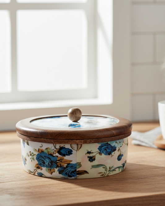 Handcrafted Round Wooden Storage Box with Floral Print Lid – Multipurpose Box for Kitchen, Snacks, Dry Fruits & Biscuits | Blue Petal Collection