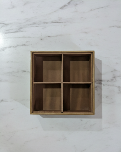 Handcrafted Wooden Tea Box with 4 Compartments – Printed Lid | Multipurpose Storage Organizer