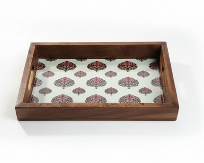 Multipurpose Wooden Tray Combo with Traditional Art Print | Nesting Serving Set