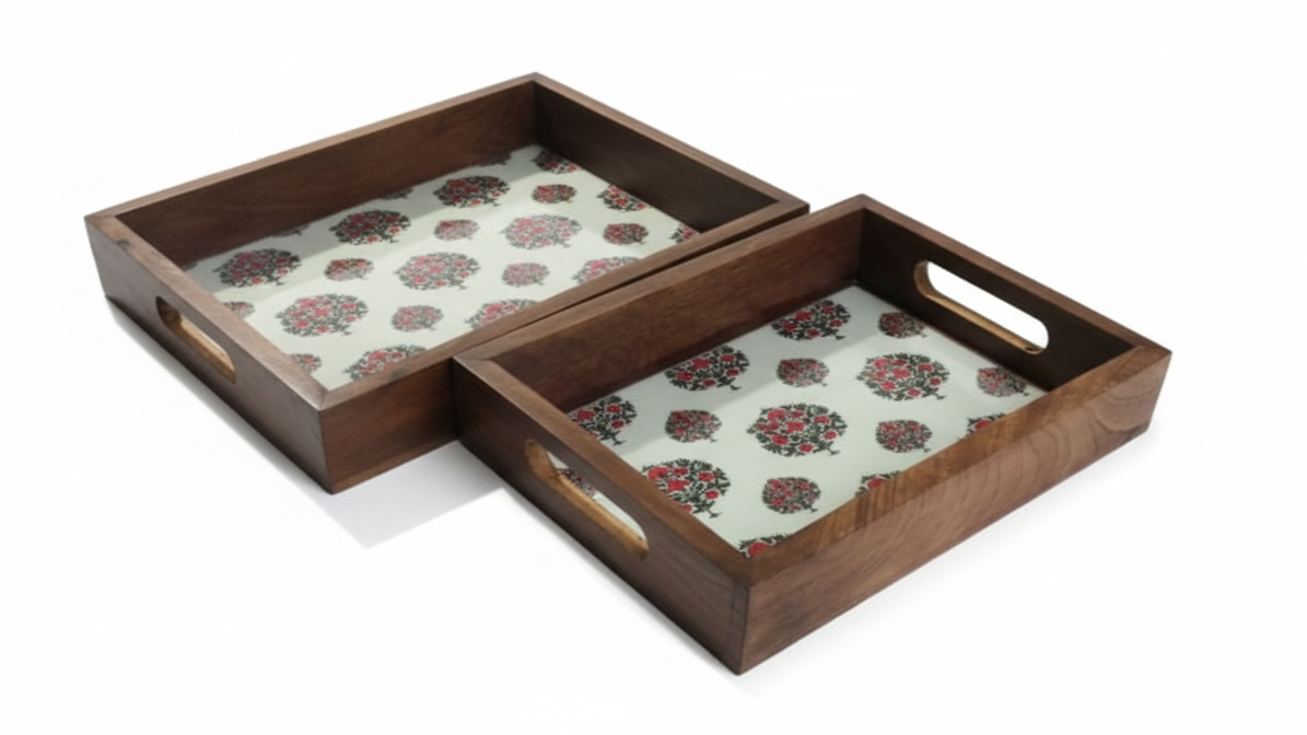 Multipurpose Wooden Tray Combo with Traditional Art Print | Nesting Serving Set