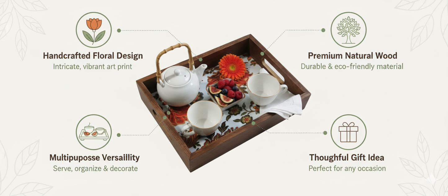 Handcrafted Wooden Serving Tray (Orange Floral Print) | Elegant Tea & Coffee Platter | Rustic Decor Accent | 12x8 Inch