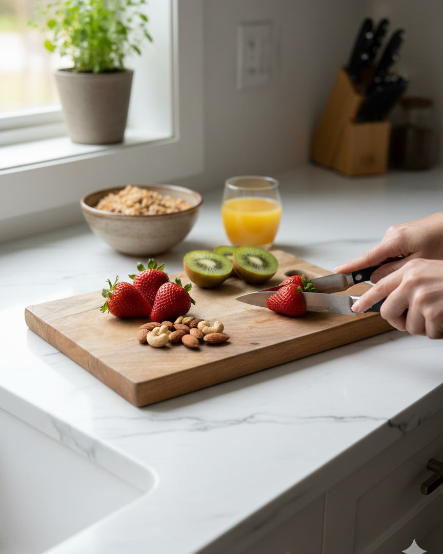 Person cutting strawberries on a wooden cutting board with a glass of orange juice in the background.