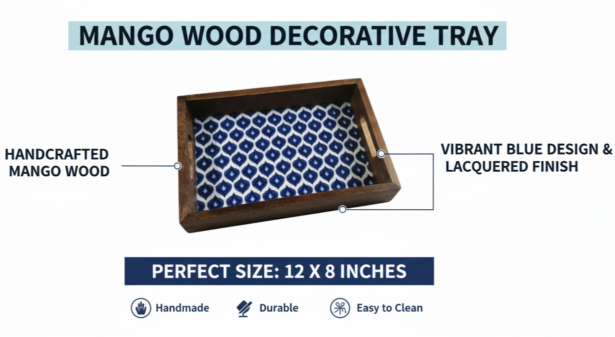 Mango wood decorative tray with blue design on a white background