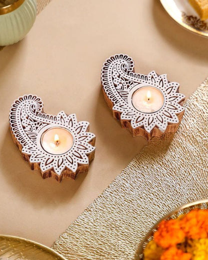 Hand-Carved Paisley Wooden Tea Light Holder (Set of 2)