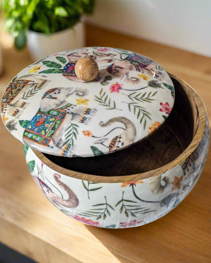 Handcrafted wooden roti box with floral print lid – multipurpose natural hot pot, rice box, dry fruit container, and serveware | Wild Bloom Collection