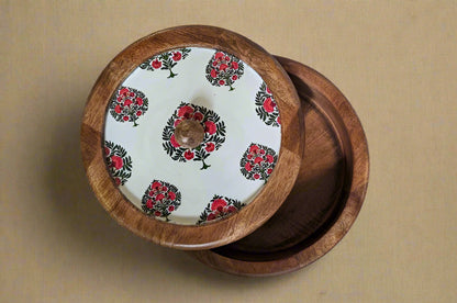 Handcrafted Round Wooden Storage Box with Floral Print Lid – Multipurpose Box for Kitchen, Snacks, Dry Fruits & Biscuits | Wild Bloom Collection