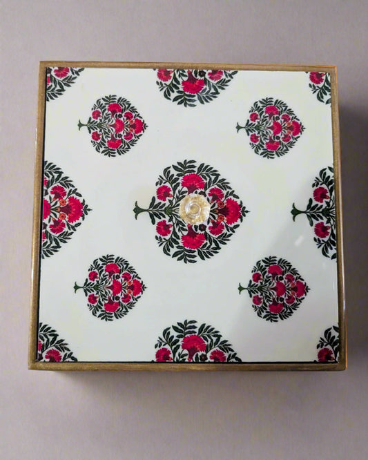 Handcrafted Wooden Tea/ Dry Fruit Box with 4 Compartments – Printed Lid | Multipurpose Storage Organizer | Hue of Red Collection