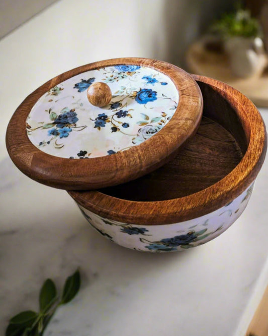 Handcrafted Round Wooden Storage Box with Floral Print Lid – Multipurpose Box for Kitchen, Snacks, Dry Fruits & Biscuits | Blue Petal Collection