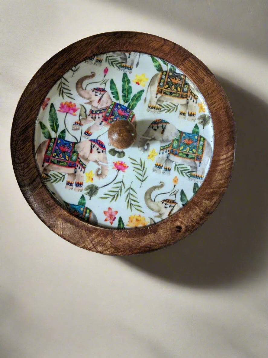 Handcrafted Round Wooden Storage Box with Floral Print Lid – Multipurpose Box for Kitchen, Snacks, Dry Fruits & Biscuits | Wild Bloom Collection