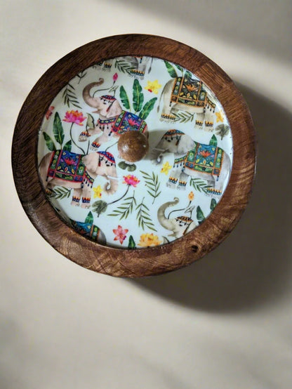 Handcrafted Round Wooden Storage Box with Floral Print Lid – Multipurpose Box for Kitchen, Snacks, Dry Fruits & Biscuits | Wild Bloom Collection