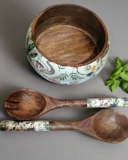 Handcrafted Wooden Bowl with Matching Spoon Set – Multipurpose Kitchen & Dining Storage/Serving Bowl
