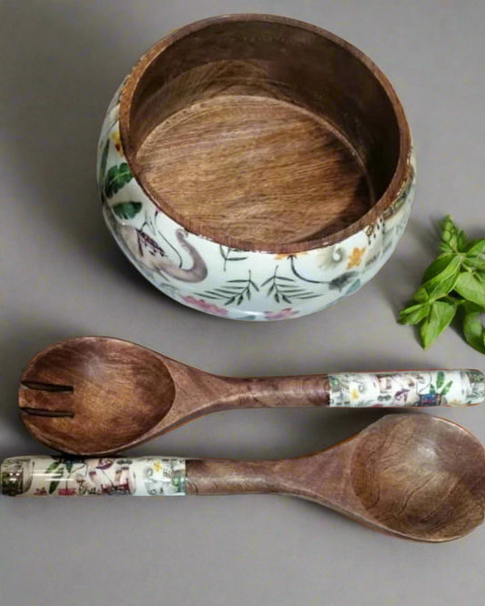 Handcrafted Wooden Bowl with Matching Spoon Set – Multipurpose Kitchen & Dining Storage/Serving Bowl