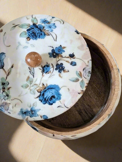 Handcrafted wooden roti box with floral print lid – multipurpose natural hot pot, rice box, dry fruit container, and serveware | Blue Petal Collection