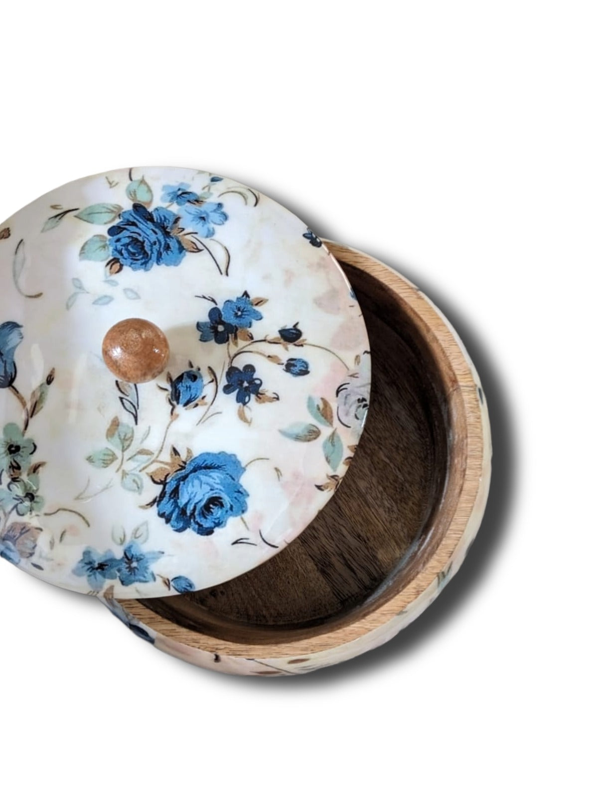 Handcrafted wooden roti box with floral print lid – multipurpose natural hot pot, rice box, dry fruit container, and serveware | Blue Petal Collection