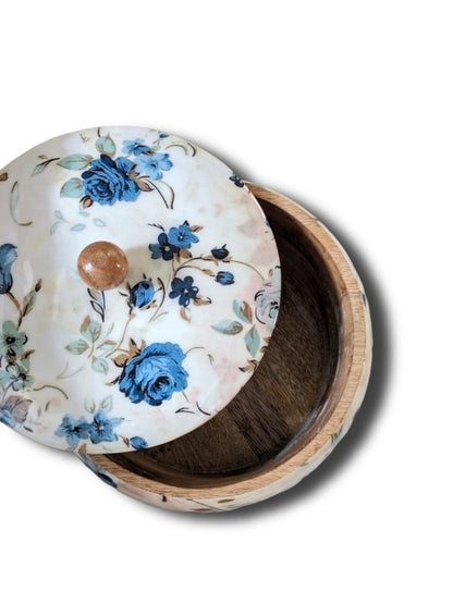 Handcrafted wooden roti box with floral print lid – multipurpose natural hot pot, rice box, dry fruit container, and serveware | Blue Petal Collection
