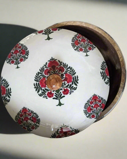 Handcrafted wooden roti box with floral print lid – multipurpose natural hot pot, rice box, dry fruit container, and serveware | Blue Petal Collection