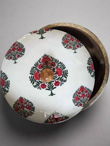 Handcrafted wooden roti box with floral print lid – multipurpose natural hot pot, rice box, dry fruit container, and serveware | Blue Petal Collection