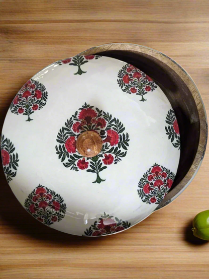 Handcrafted wooden roti box with floral print lid – multipurpose natural hot pot, rice box, dry fruit container, and serveware | Blue Petal Collection