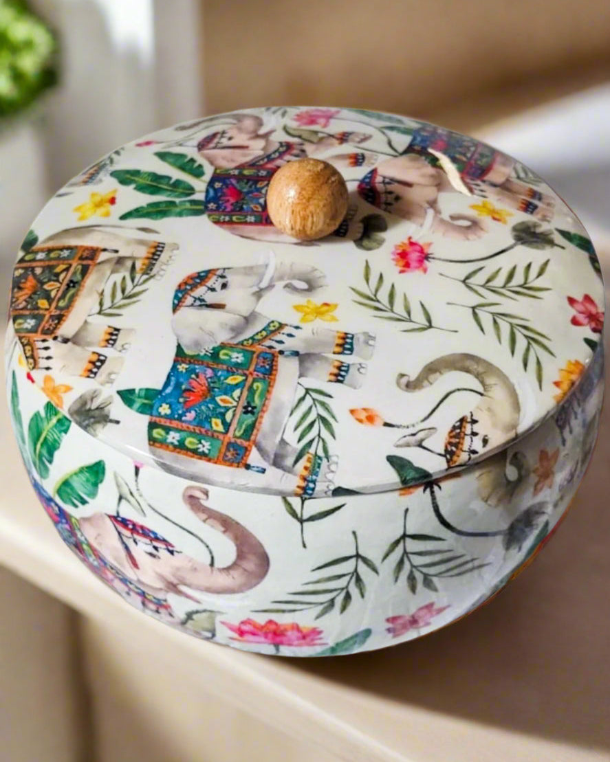 Handcrafted wooden roti box with floral print lid – multipurpose natural hot pot, rice box, dry fruit container, and serveware | Blue Petal Collection