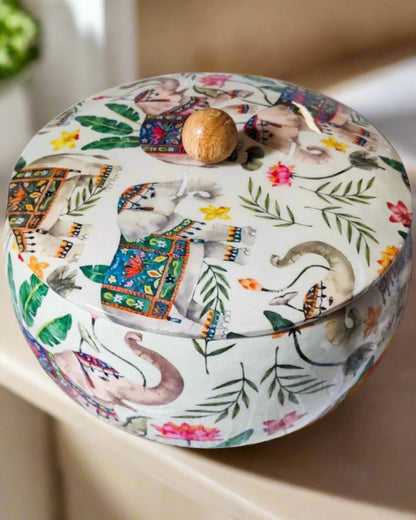 Handcrafted wooden roti box with floral print lid – multipurpose natural hot pot, rice box, dry fruit container, and serveware | Blue Petal Collection