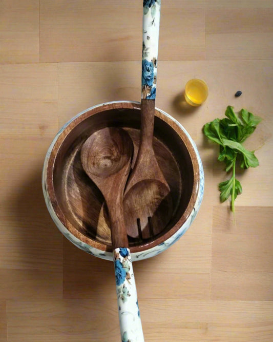 Handcrafted Wooden Bowl with Matching Spoon Set – Multipurpose Kitchen & Dining Storage/Serving Bowl | Blue Petal Collection
