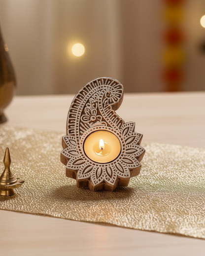 Hand-Carved Paisley Wooden Tea Light Holder (Set of 2)