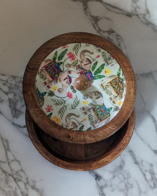 Handcrafted Round Wooden Storage Box with Floral Print Lid – Multipurpose Box for Kitchen, Snacks, Dry Fruits & Biscuits | Wild Bloom Collection