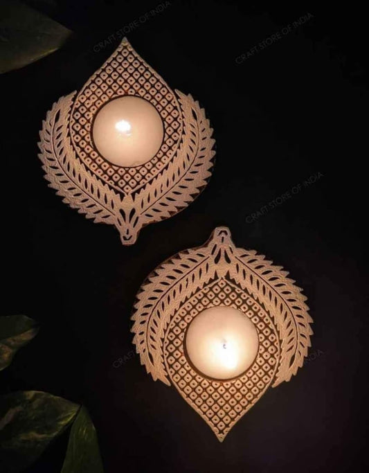 Artisan Hand-Carved Wood Teardrop Tealight Candle Holder | Boho Engraved Design