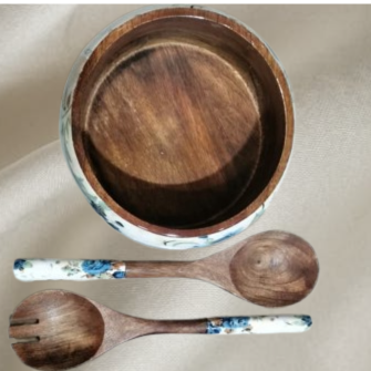 Handcrafted Wooden Bowl with Matching Spoon Set – Multipurpose Kitchen & Dining Storage/Serving Bowl | Blue Petal Collection