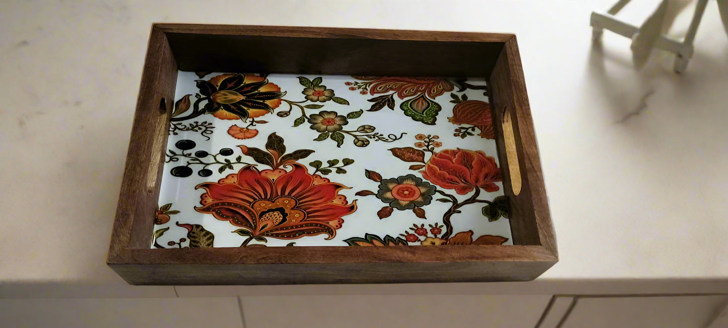 Handcrafted Wooden Serving Tray (Orange Floral Print) | Elegant Tea & Coffee Platter | Rustic Decor Accent | 12x8 Inch