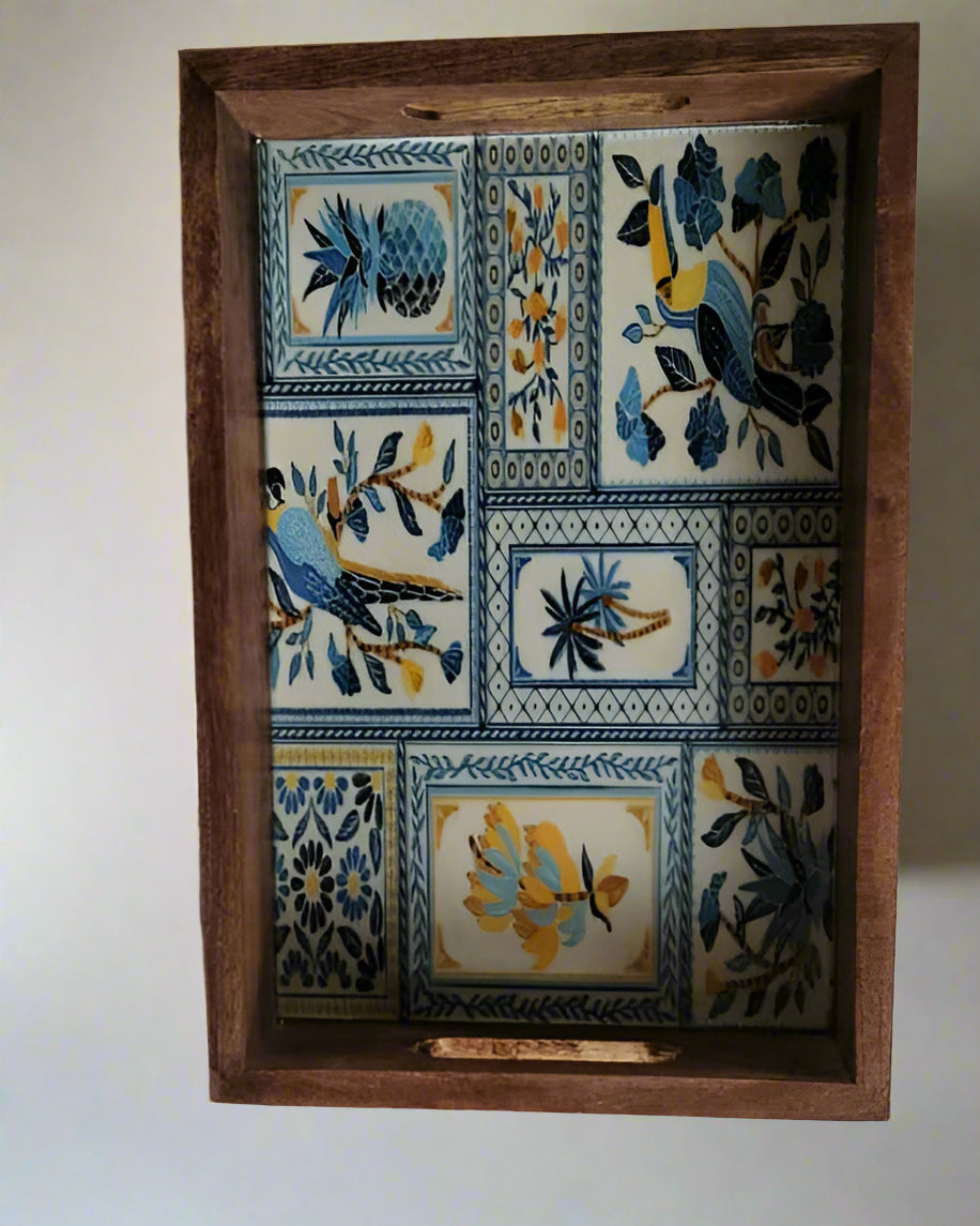 Artisan Tropical Tile & Wood Serving Tray - Handcrafted Decorative Platter with Bird & Botanical Design