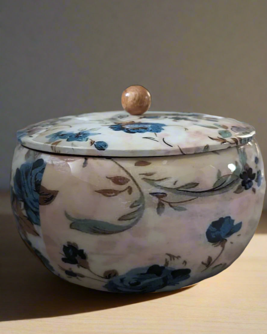 Handcrafted wooden roti box with floral print lid – multipurpose natural hot pot, rice box, dry fruit container, and serveware | Blue Petal Collection