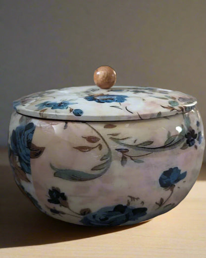 Handcrafted wooden roti box with floral print lid – multipurpose natural hot pot, rice box, dry fruit container, and serveware | Blue Petal Collection