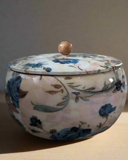 Handcrafted wooden roti box with floral print lid – multipurpose natural hot pot, rice box, dry fruit container, and serveware | Blue Petal Collection