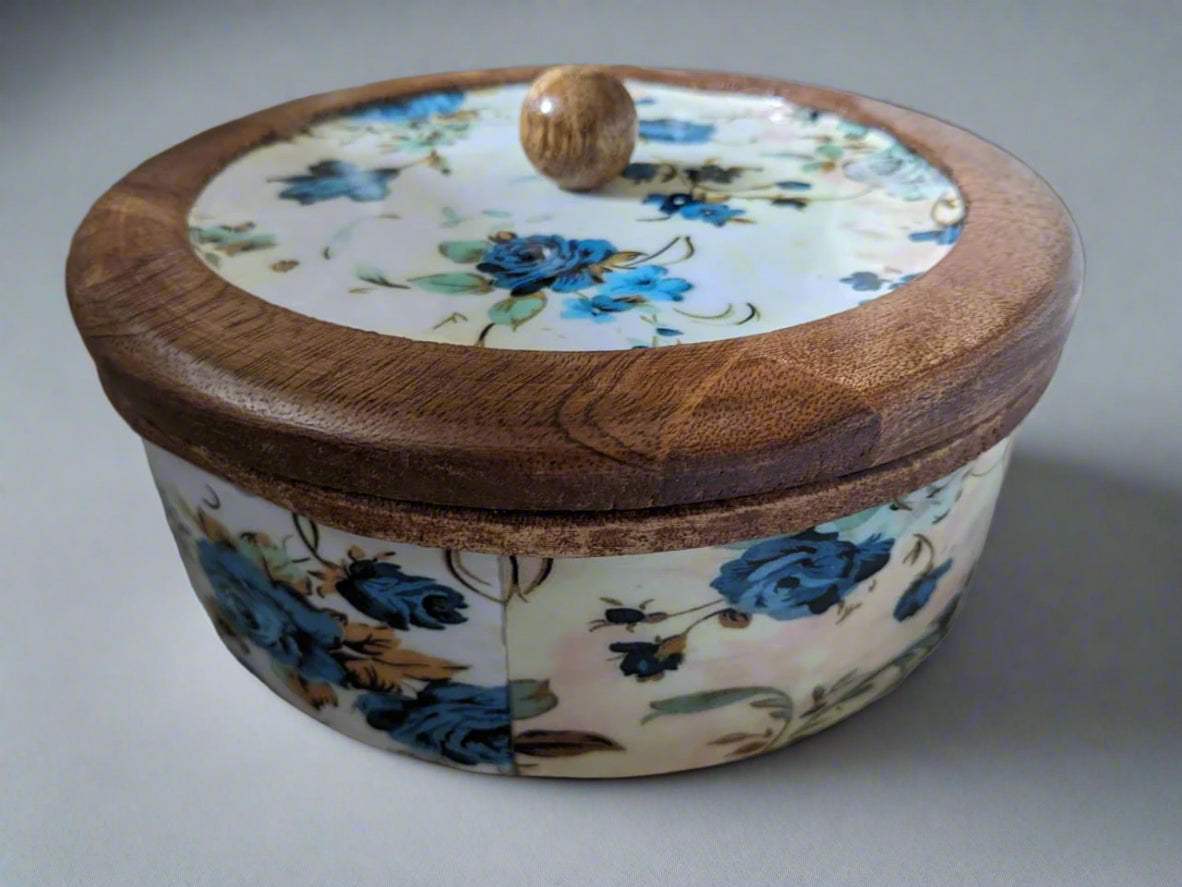 Handcrafted Round Wooden Storage Box with Floral Print Lid – Multipurpose Box for Kitchen, Snacks, Dry Fruits & Biscuits | Blue Petal Collection