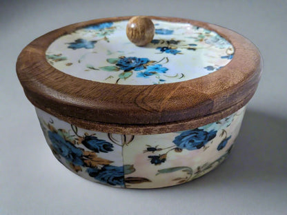 Handcrafted Round Wooden Storage Box with Floral Print Lid – Multipurpose Box for Kitchen, Snacks, Dry Fruits & Biscuits | Blue Petal Collection