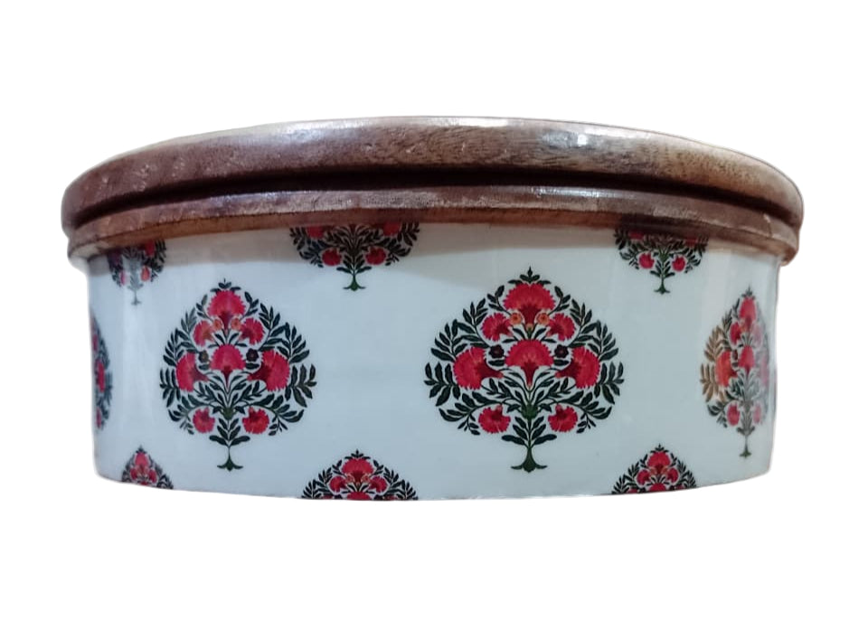 Handcrafted Round Wooden Storage Box with Floral Print Lid – Multipurpose Box for Kitchen, Snacks, Dry Fruits & Biscuits | Blue Petal Collection