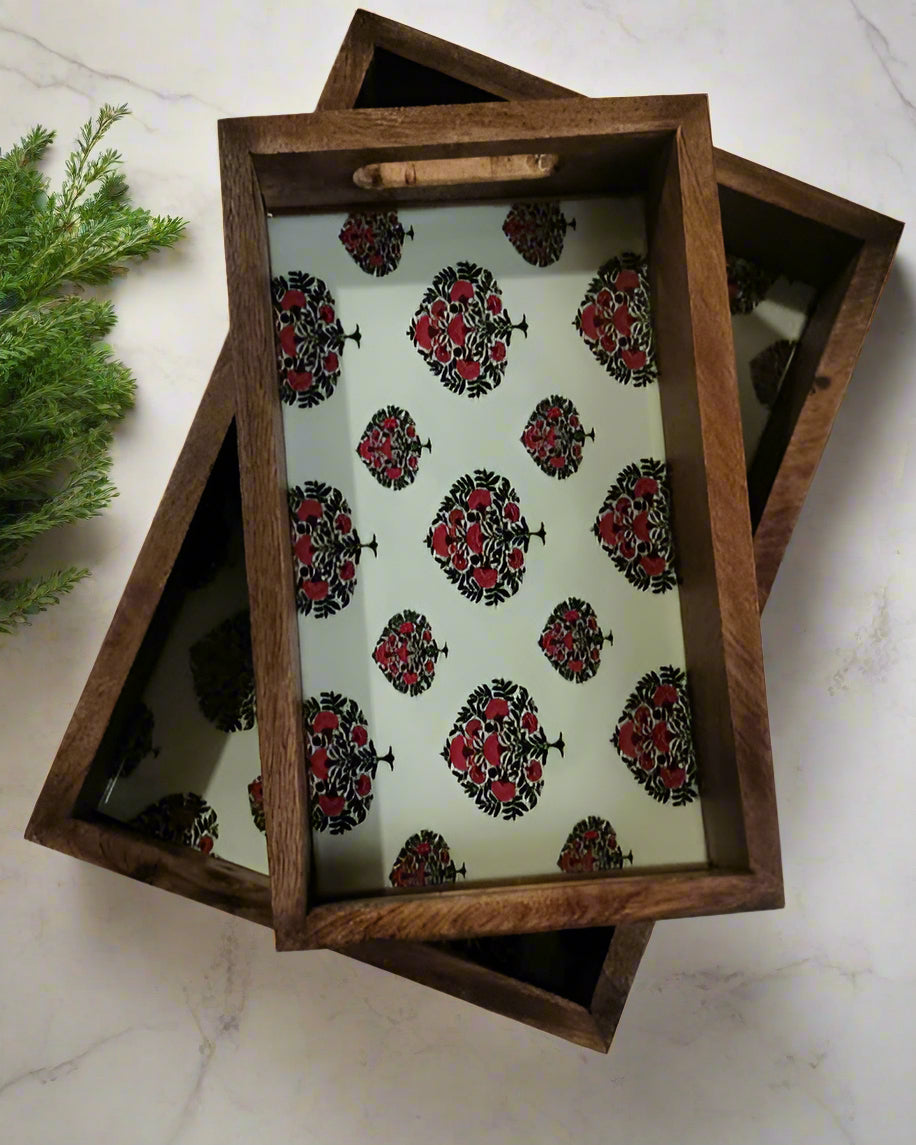 Multipurpose Wooden Tray Combo with Traditional Art Print | Nesting Serving Set