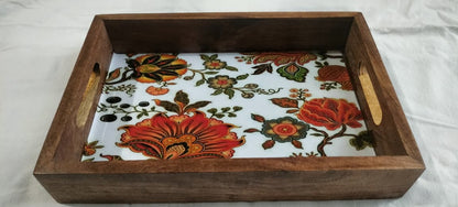 Handcrafted Wooden Serving Tray (Orange Floral Print) | Elegant Tea & Coffee Platter | Rustic Decor Accent | 12x8 Inch