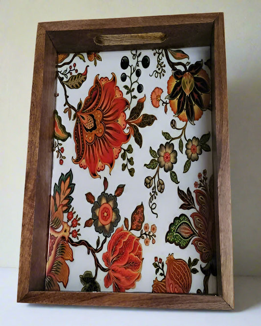 Handcrafted Wooden Serving Tray (Orange Floral Print) | Elegant Tea & Coffee Platter | Rustic Decor Accent | 12x8 Inch
