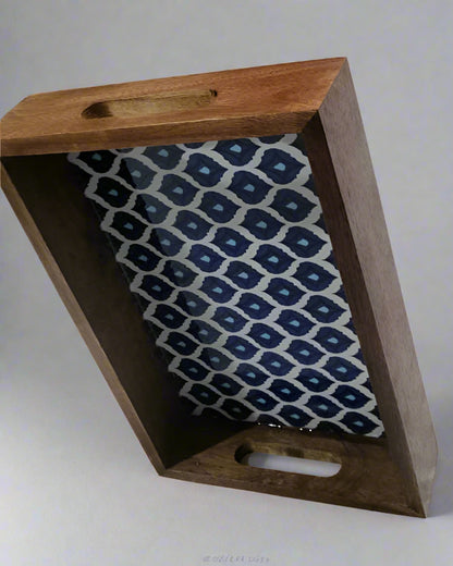 Artisan Wood Breakfast & Serving Tray with Designer Blue Ikat Print