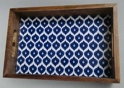 Artisan Wood Breakfast & Serving Tray with Designer Blue Ikat Print