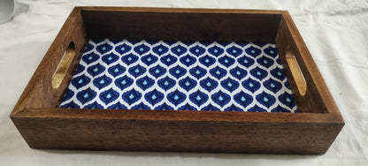 Artisan Wood Breakfast & Serving Tray with Designer Blue Ikat Print