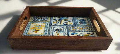 Artisan Tropical Tile & Wood Serving Tray - Handcrafted Decorative Platter with Bird & Botanical Design