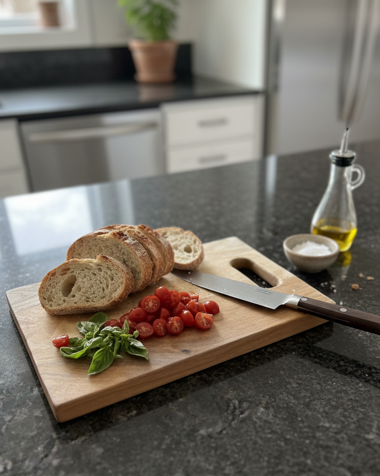 Wooden cutting board with sliced bread, tomatoes, and a knife on a kitchen counter.