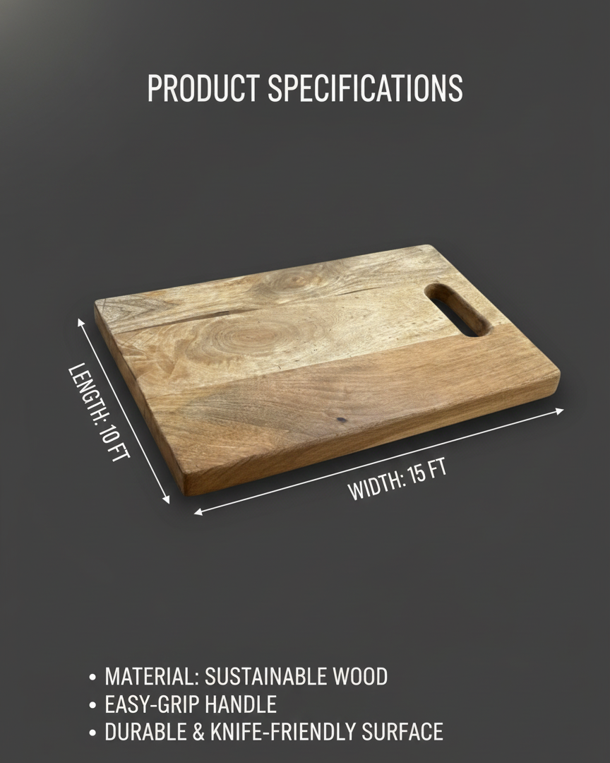 Wooden cutting board with dimensions and specifications on a dark background