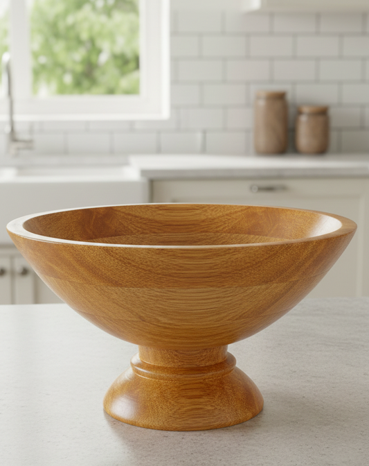 Wooden bowl on a kitchen counter with a blurred background