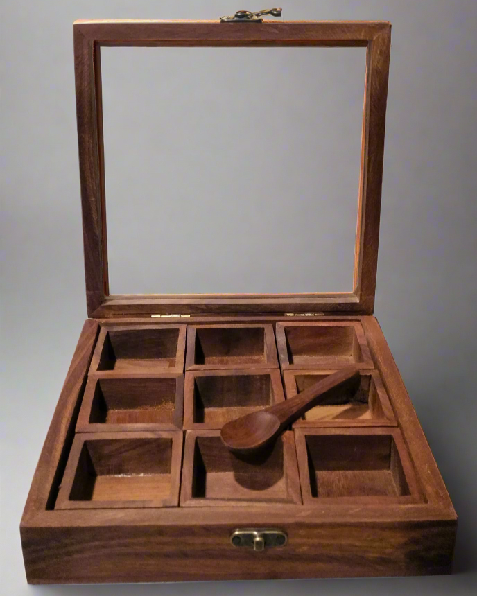 Sheesham Wooden Masala Box – 9 Compartment Spice Organizer with Glass Lid | Ooshma Studios