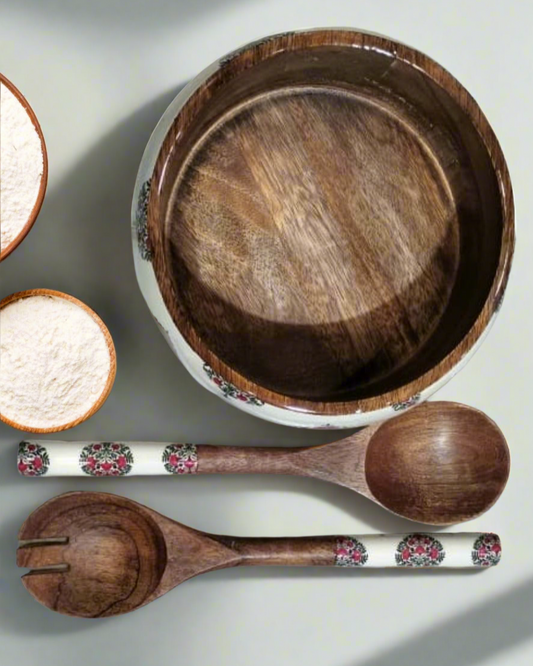 Handcrafted Wooden Bowl with Matching Spoon Set – Multipurpose Kitchen & Dining Storage/Serving Bowl | Hue of Red Collection